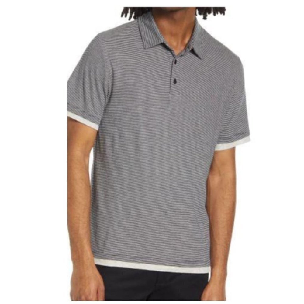 Vince Mens Blue Striped Short Sleeve Layer Collared Button Polo Shirt Sz XL New